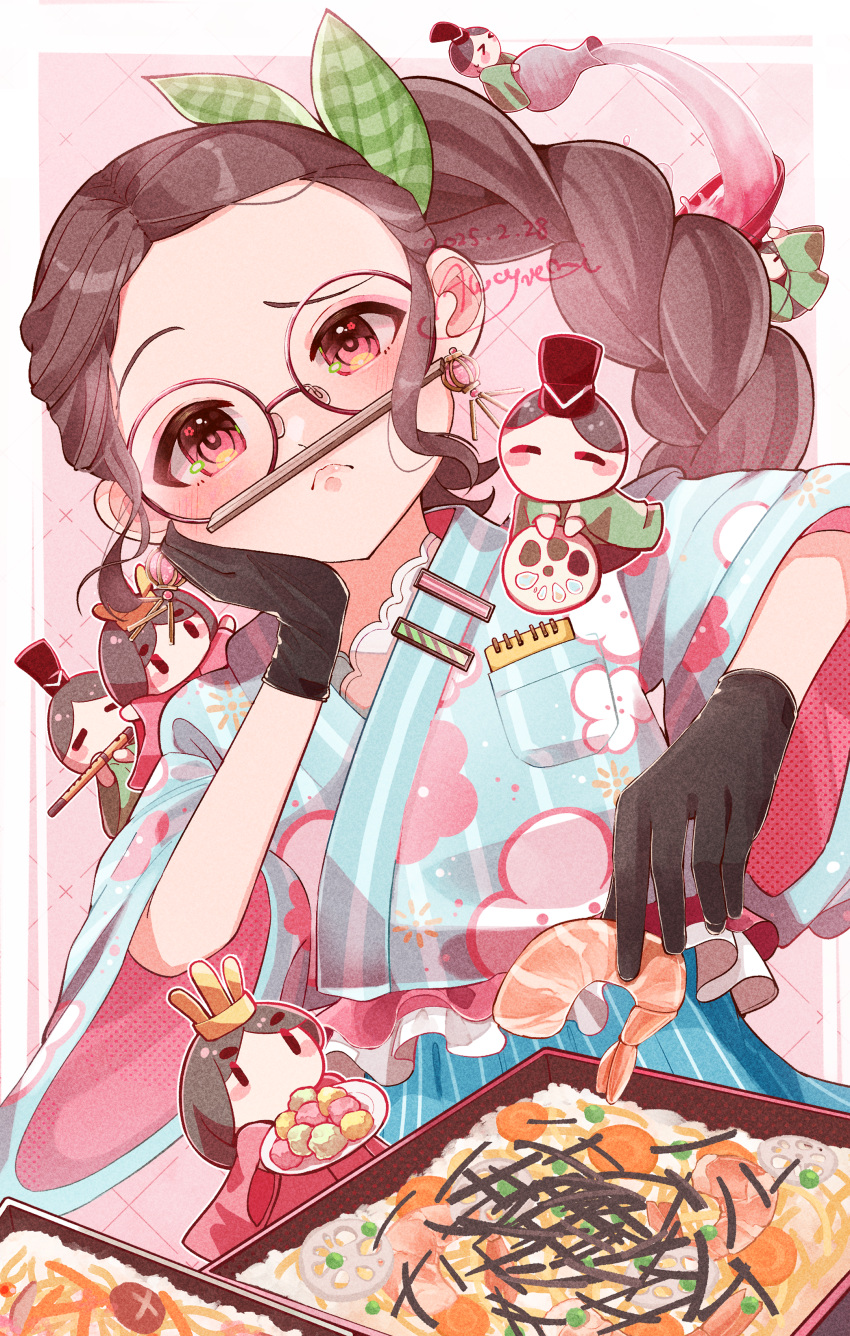 1girl, absurdres, alcohol, artist_name, balancing_on_lips, black_gloves, bow, braid