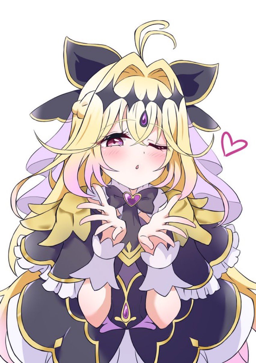 1girl, antenna_hair, black_capelet, black_dress, blonde_hair, blowing_kiss, blush, brooch