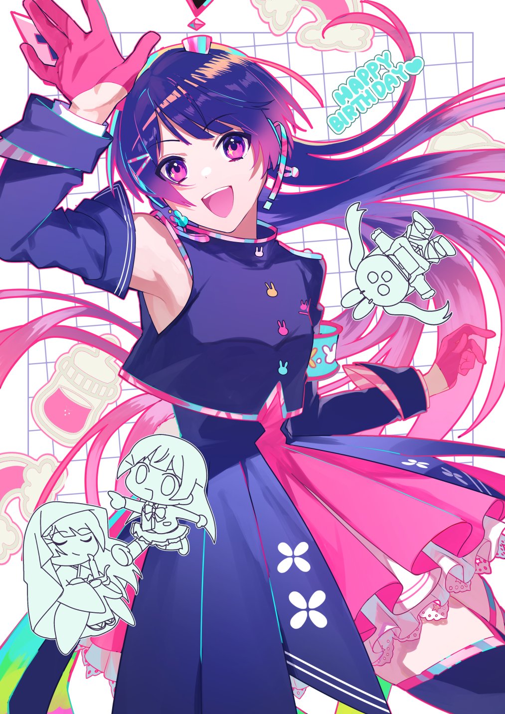 1girl, :d, animal_ears, arm_up, blue_shirt, blue_skirt, blue_sleeves, commentary_request