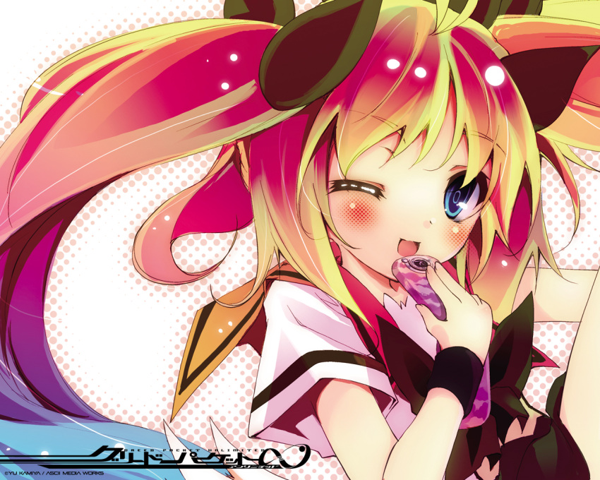 blonde_hair, blue_eyes, greed_packet_unlimited, hair_ribbon, halftone, halftone_background, kamiya_yuu, long_hair