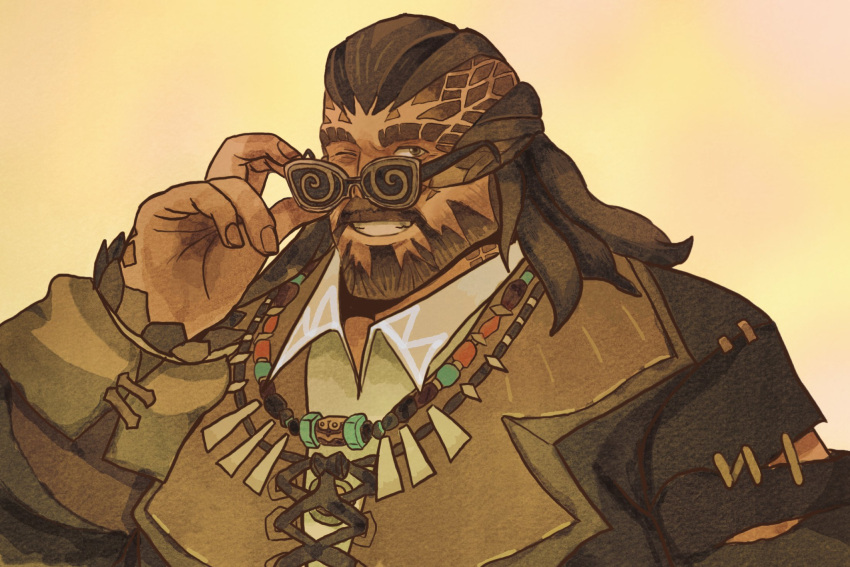 1boy, afk_(series), afk_journey, bead_necklace, beads, beard, brown_hair, commentary, echoesofhalia, english_commentary, facial_hair, grin, hepler_(afk), highres, jewelry, looking_at_viewer, male_focus, necklace, one_eye_closed, smile, upper_body