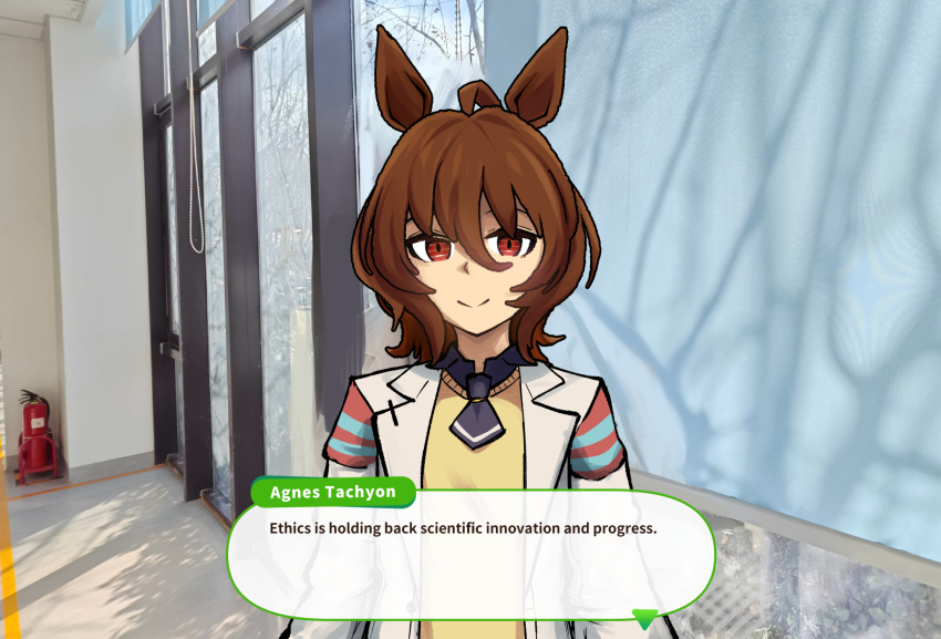 1girl, agnes_tachyon_(umamusume), ahoge, animal_ears, boopy_(datboopy), brown_hair, commentary, english_text, ethics_is_holding_back_scientific_innovation_and_progress_(meme), hair_between_eyes, highres, horse_ears, horse_girl, lab_coat, long_sleeves, medium_hair, meme, red_eyes, shirt, smile, solo, tagme, umamusume, untranslatable_commentary, video_game_dialogue_box