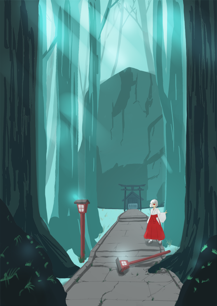 broken, commentary, copyright_request, cyclops, japanese_clothes, miko, monster_girl, mysterious, saboten_(tokisabo), shrine, solo, torii, white_hair