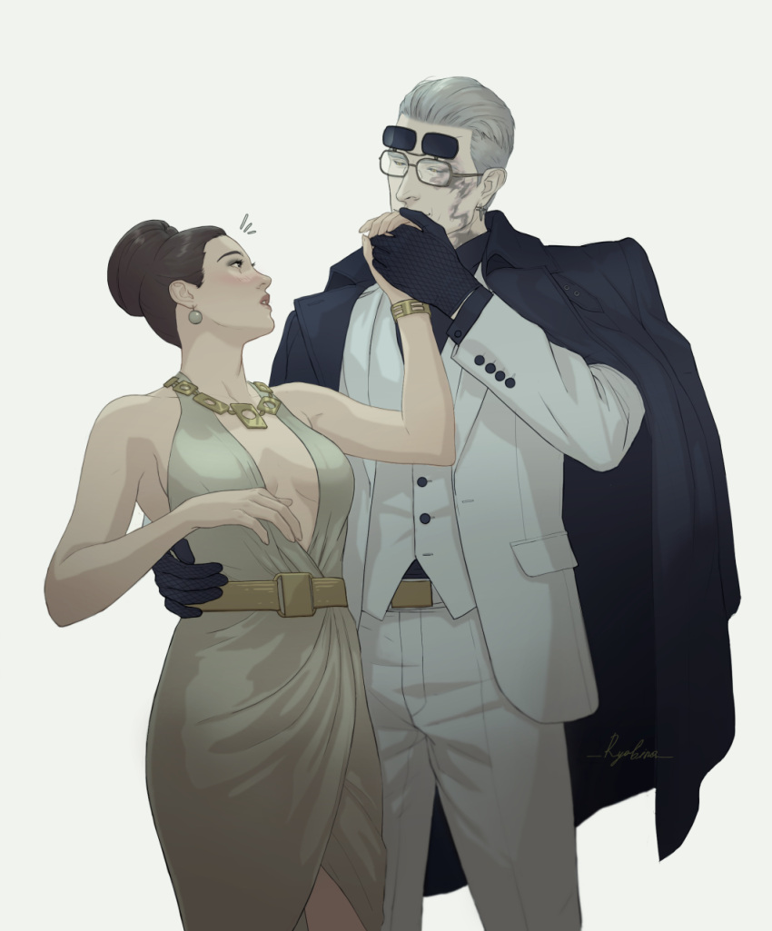 1boy, 1girl, business_suit, excella_gionne, formal_clothes, highres, jacket, kiss