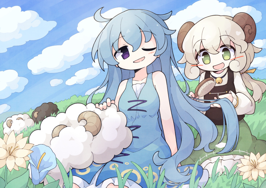 2girls, absurdres, artist_request, asameshi, bell, blue_hair, closed_eye, dress