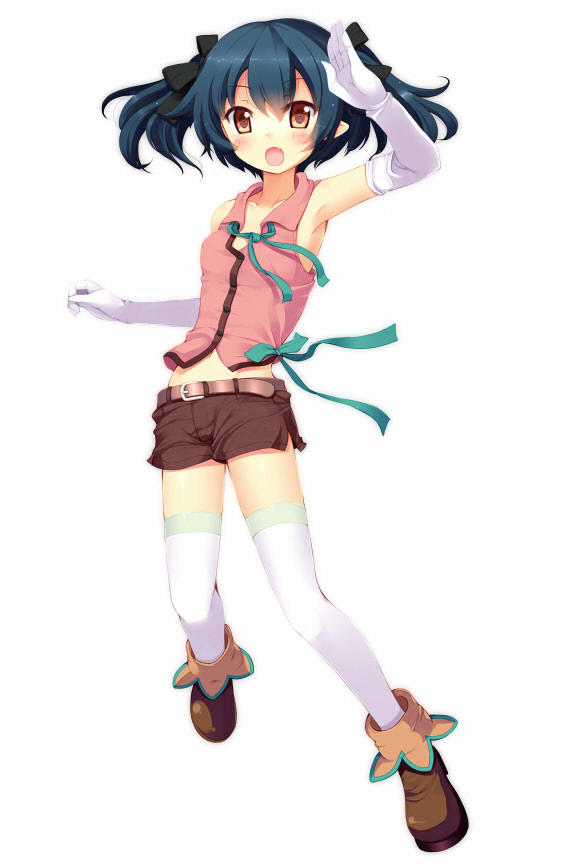 ayame_(komone_ushio), belt, boots, bow, elbow_gloves, gloves, hair_bow, komone_ushio, midriff, navel, original, ribbon, shorts, sleeveless, solo, thigh-highs, thighhighs, twintails, white_legwear