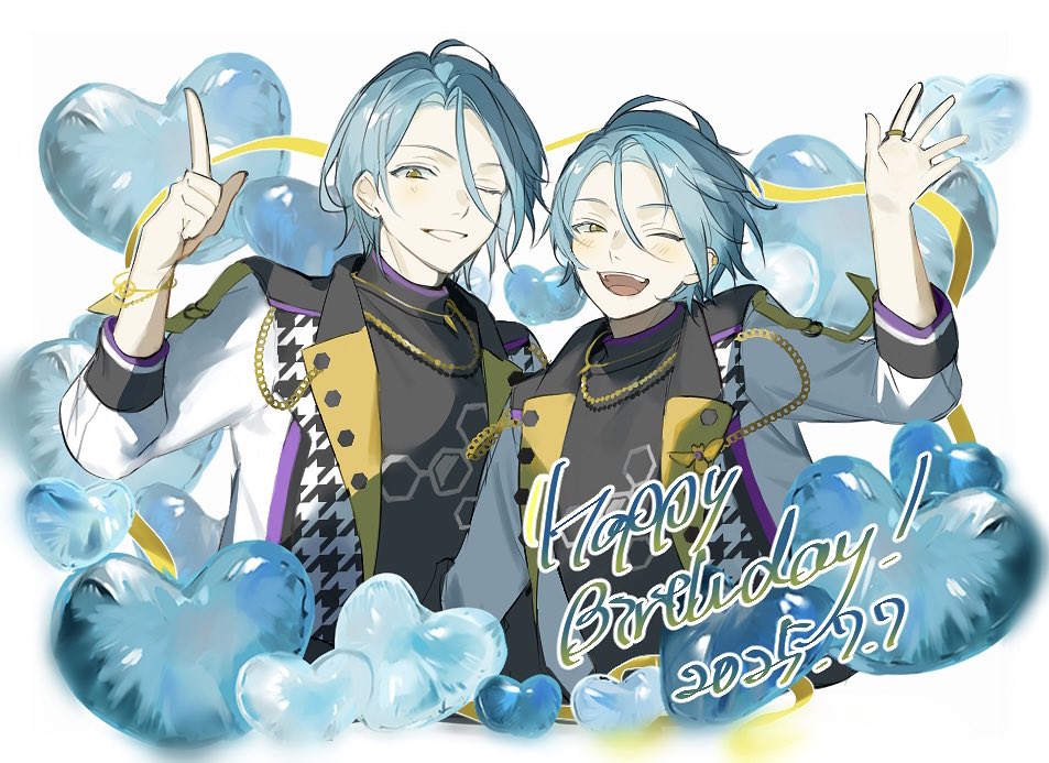 2boys, ;d, arm_up, balloon, black_shirt, blue_hair, blush, bracelet