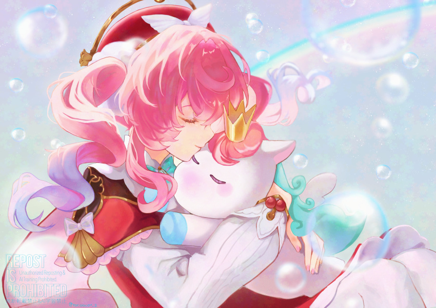 1girl, aqua_ribbon, beret, blue_hair, bubble, closed_eyes, commentary_request, creature