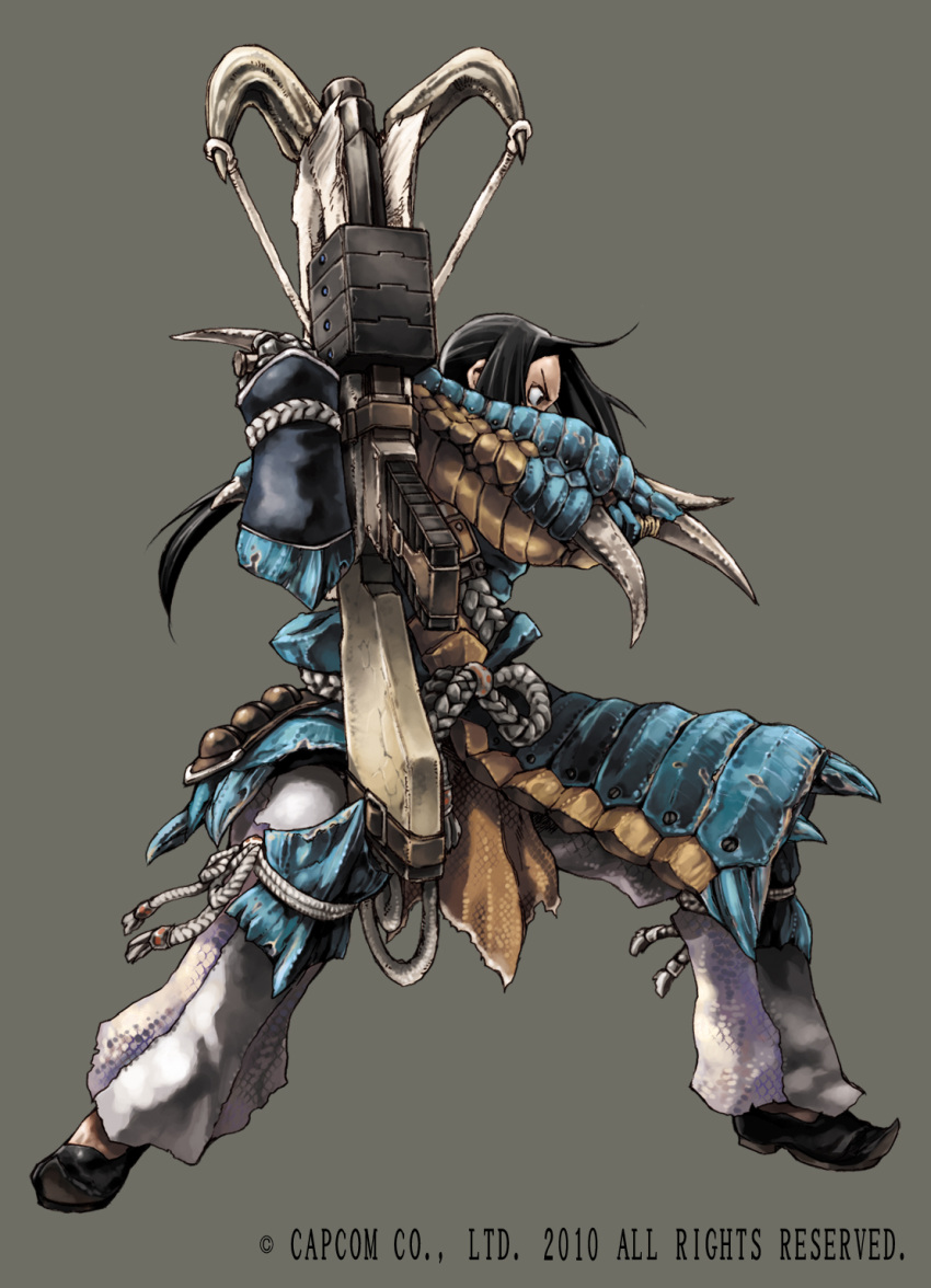 1boy, armor, black_eyes, black_hair, black_shoes, bowgun, commentary_request, company_name