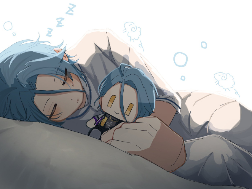 1boy, blue_hair, blush, character_doll, closed_eyes, commentary_request, doll, ensemble_stars!