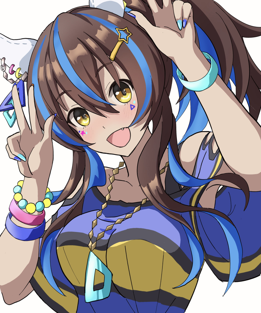1girl, absurdres, animal_ears, belt, blue_hair, breasts, brown_hair, collarbone, colored_inner_hair, commentary, daitaku_helios_(fun_fun_party_night)_(umamusume), daitaku_helios_(umamusume), double_w, ear_covers, ear_piercing, facial_tattoo, fang, fingernails, hair_between_eyes, hair_ornament, highres, horse_ears, horse_girl, horse_tail, jewelry, looking_at_viewer, masasim, medium_breasts, medium_hair, multicolored_hair, necklace, open_mouth, piercing, side_ponytail, simple_background, smile, solo, star_(symbol), tail, tattoo, two-tone_hair, umamusume, upper_body, w, white_background, yellow_eyes