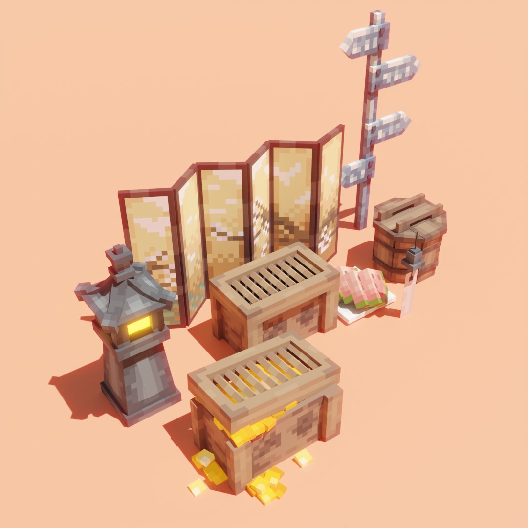 3d, barrel, blockbench_(medium), chinese_commentary, commentary_request, crate, food, fruit, lamp, low_poly, naytotime, no_humans, object_focus, orange_background, original, shadow, shouji, signpost, simple_background, sliding_doors, still_life, watermelon, watermelon_slice