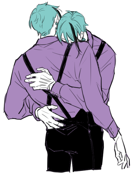 2boys, black_pants, blue_hair, brothers, chuu_ni, closed_eyes, collared_shirt, commentary_request
