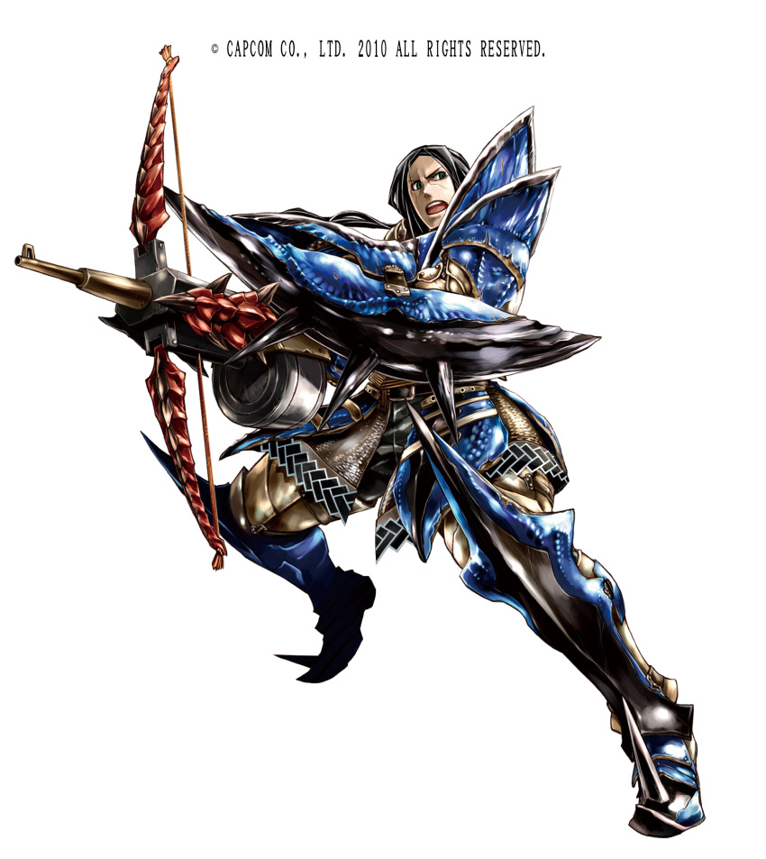1boy, armor, belt, black_belt, black_hair, black_pants, bowgun, ceanataur_(armor), commentary_request, couter, cuisses, faulds, full_body, fuse_ryuuta, greaves, green_eyes, heel_up, highres, holding_bowgun, legs_apart, long_hair, middle_part, monster_hunter_(series), open_mouth, pants, pauldrons, sabaton, scar, scar_on_face, shoulder_armor, sideways_glance, simple_background, solo, spiked_armor, spikes, teeth, upper_teeth_only, white_background