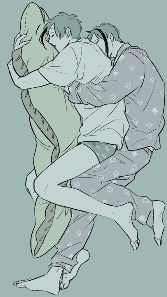 2boys, barefoot, black_hair, blue_hair, chuu_ni, closed_eyes, commentary_request, crew_neck