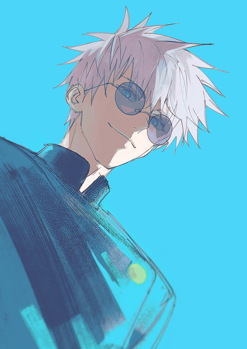 1boy, absurdres, blue_background, blue_eyes, closed_mouth, commentary, glass, gojo_satoru