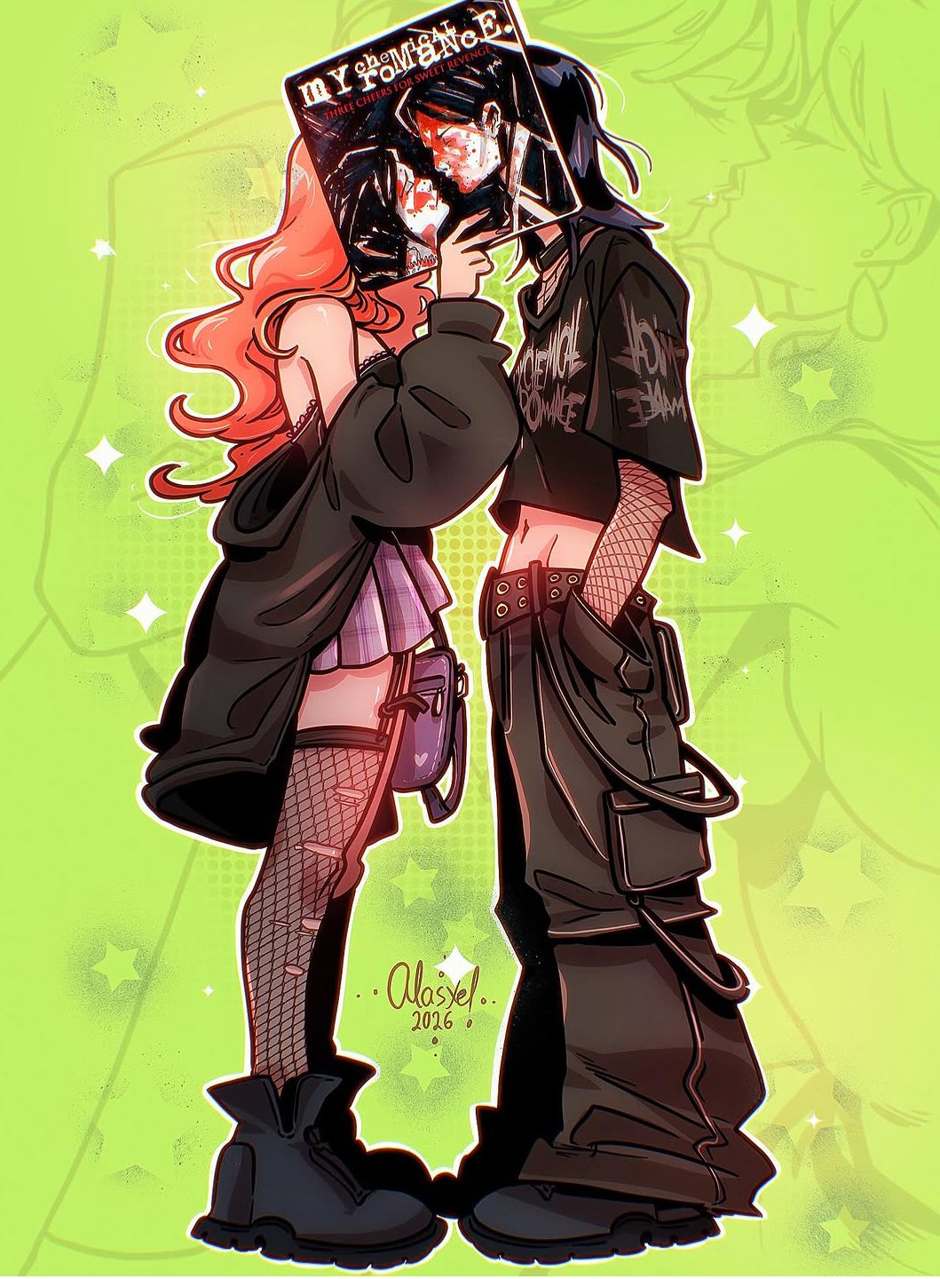 2026, 2girls, alasxegalei, baggy_pants, black_hair, black_jacket, black_pants, black_shirt