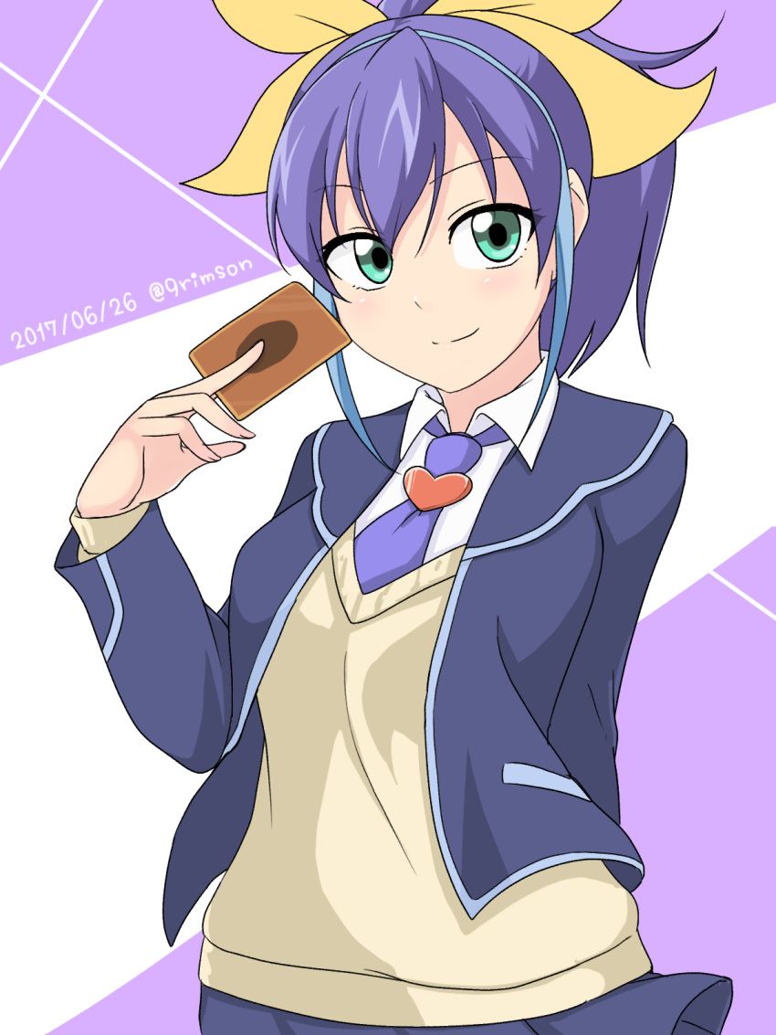 1girl, 9rimson, alternate_costume, aqua_eyes, blue_jacket, blue_streaks, bow, breasts