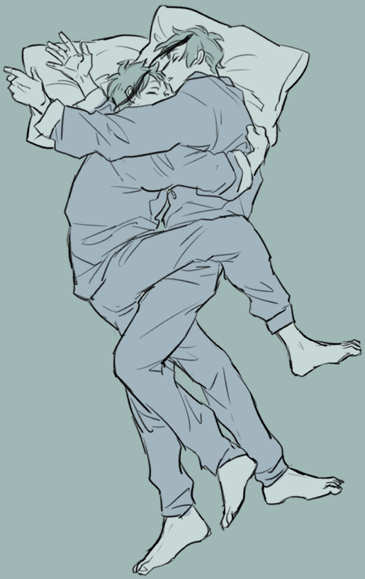 2boys, arm_around_another's_back, barefoot, blue_background, brothers, chuu_ni, closed_eyes, commentary_request