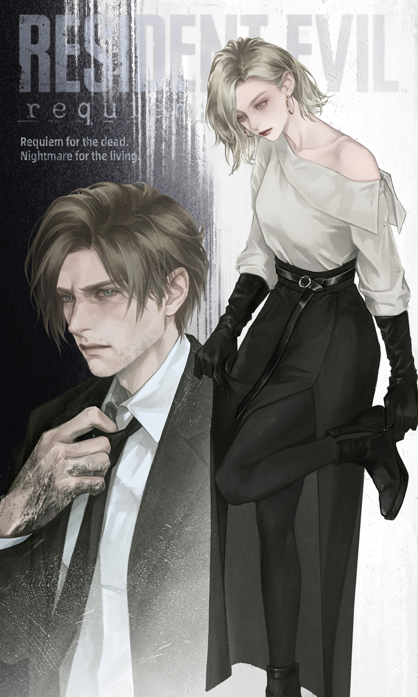 1boy, 1girl, adjusting_clothes, adjusting_footwear, adjusting_necktie, ankle_boots, belt, black_boots, black_gloves, black_jacket, black_necktie, black_pantyhose, black_skirt, blonde_hair, blue_eyes, boots, brown_eyes, brown_hair, chinese_commentary, collared_shirt, commentary_request, copyright_name, earrings, gloves, grace_ashcroft, grace_ashcroft_(noir), highres, holding_own_skirt, hoop_earrings, jacket, jewelry, laigenxianchangchang, lapels, leg_up, leon_s._kennedy, necktie, off-shoulder_shirt, off_shoulder, pantyhose, resident_evil, resident_evil_requiem, shirt, short_hair, single_bare_shoulder, single_off_shoulder, skirt, white_shirt
