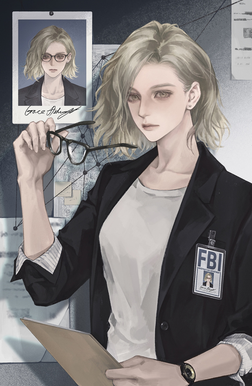 1girl, black-framed_eyewear, black_jacket, blonde_hair, brown_eyes, character_name, closed_mouth, collarbone