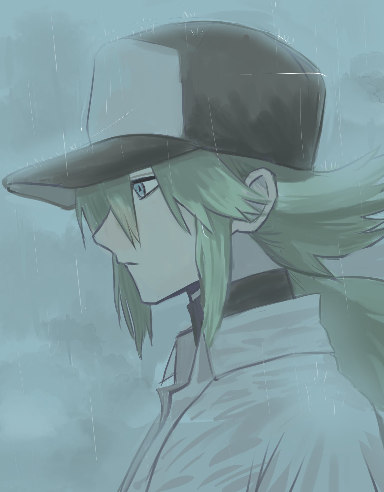 1boy, asamaru1225, black_hat, closed_mouth, collared_shirt, expressionless, from_side, green_hair