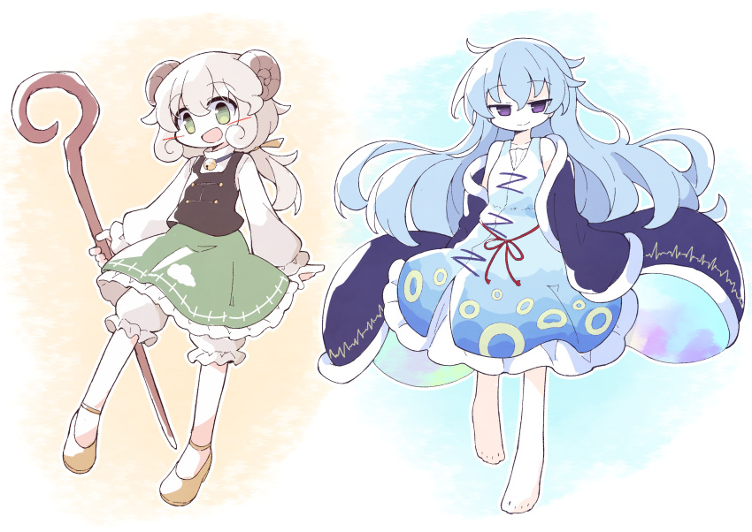 2girls, absurdres, artist_request, asameshi, bell, blue_hair, closed_eye, dress