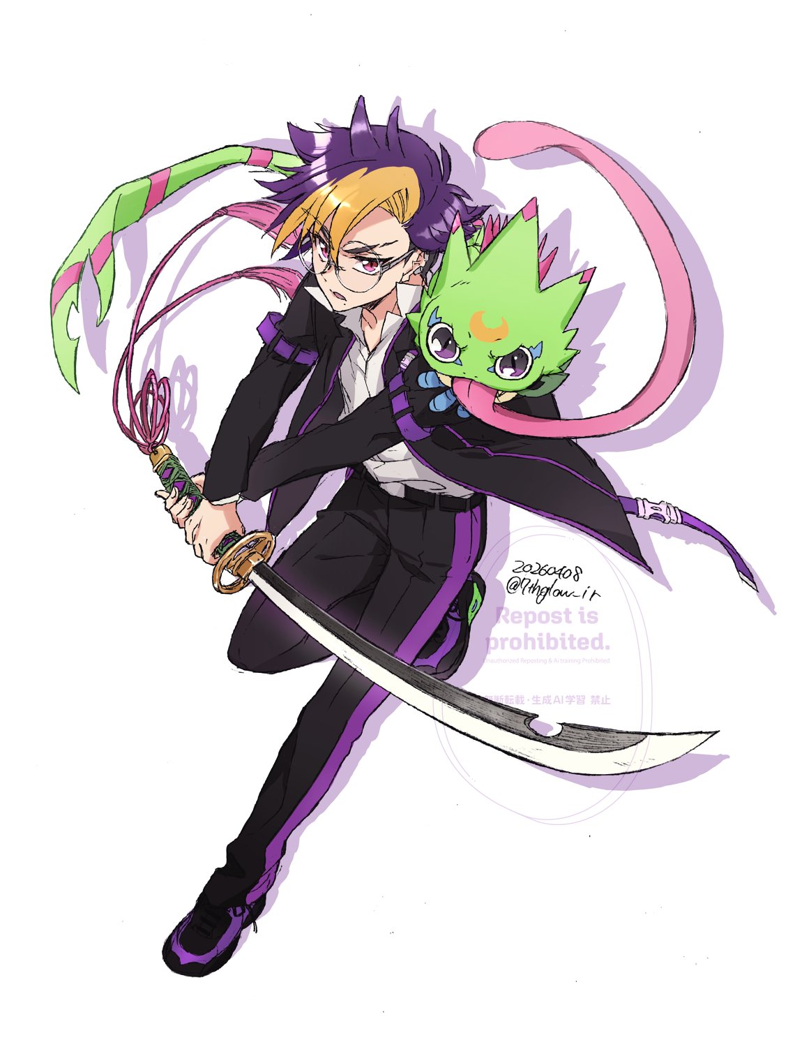 1boy, black_jacket, black_pants, blonde_hair, blue_hair, digimon, digimon_(creature), digimon_beatbreak