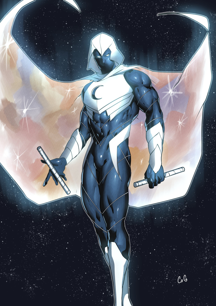 1boy, absurdres, animal_skull, bird_skull, bodysuit, cape, checkered_cloak, cody_conyers_(stellaravenger), crescent_ornament, highres, hood, hooded_cape, marvel, moon_knight, moon_tattoo, multicolored_armor, superhero_costume, tattoo, white_bodysuit, white_cape, white_hood