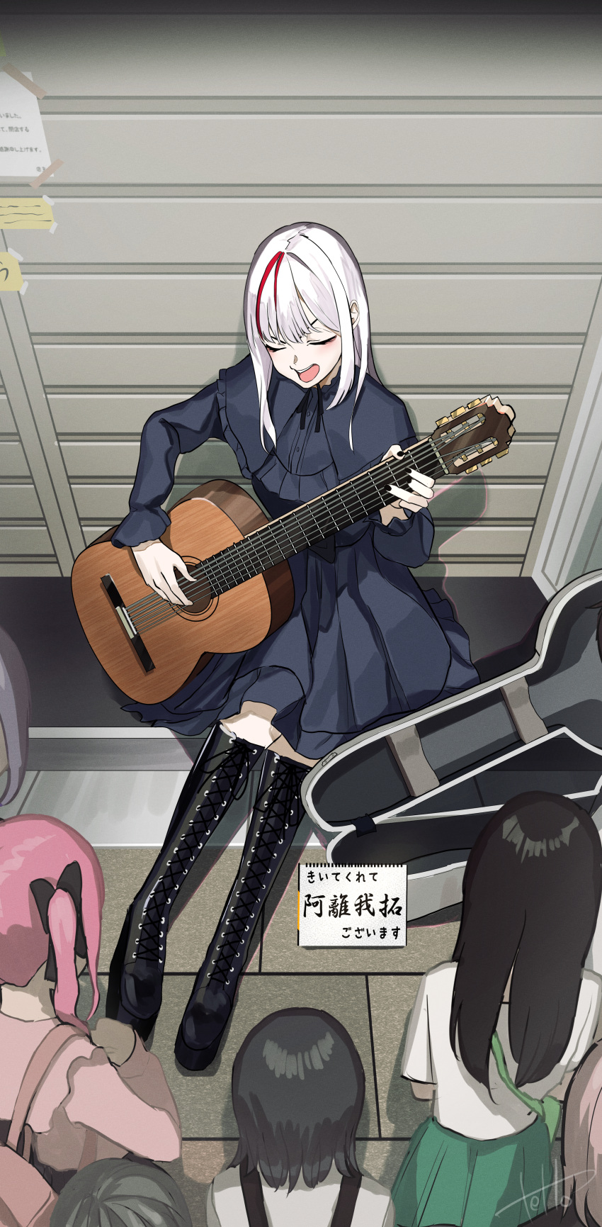 6+girls, absurdres, acoustic_guitar, black_boots, black_bow, black_nails, blue_dress, boots, bow, closed_eyes, commentary_request, dress, fingernails, frills, green_skirt, grey_hair, guitar, guitar_case, hair_bow, highres, hinamizawa_hinami_(tetto), igarashi_ritsu_(tetto), instrument, instrument_case, jirai_kei, knee_boots, lace-up_boots, long_hair, long_sleeves, medium_hair, multicolored_hair, multiple_girls, music, open_mouth, original, outdoors, pink_hair, platform_boots, playing_guitar, playing_instrument, red_hair, red_streaks, shirt, short_sleeves, sidelocks, signature, sitting, skirt, solo_focus, streaked_hair, subculture-chan_(tetto), teeth, tetto_(onnoveltet), thigh_boots, translation_request, twintails, upper_teeth_only, white_hair, white_shirt