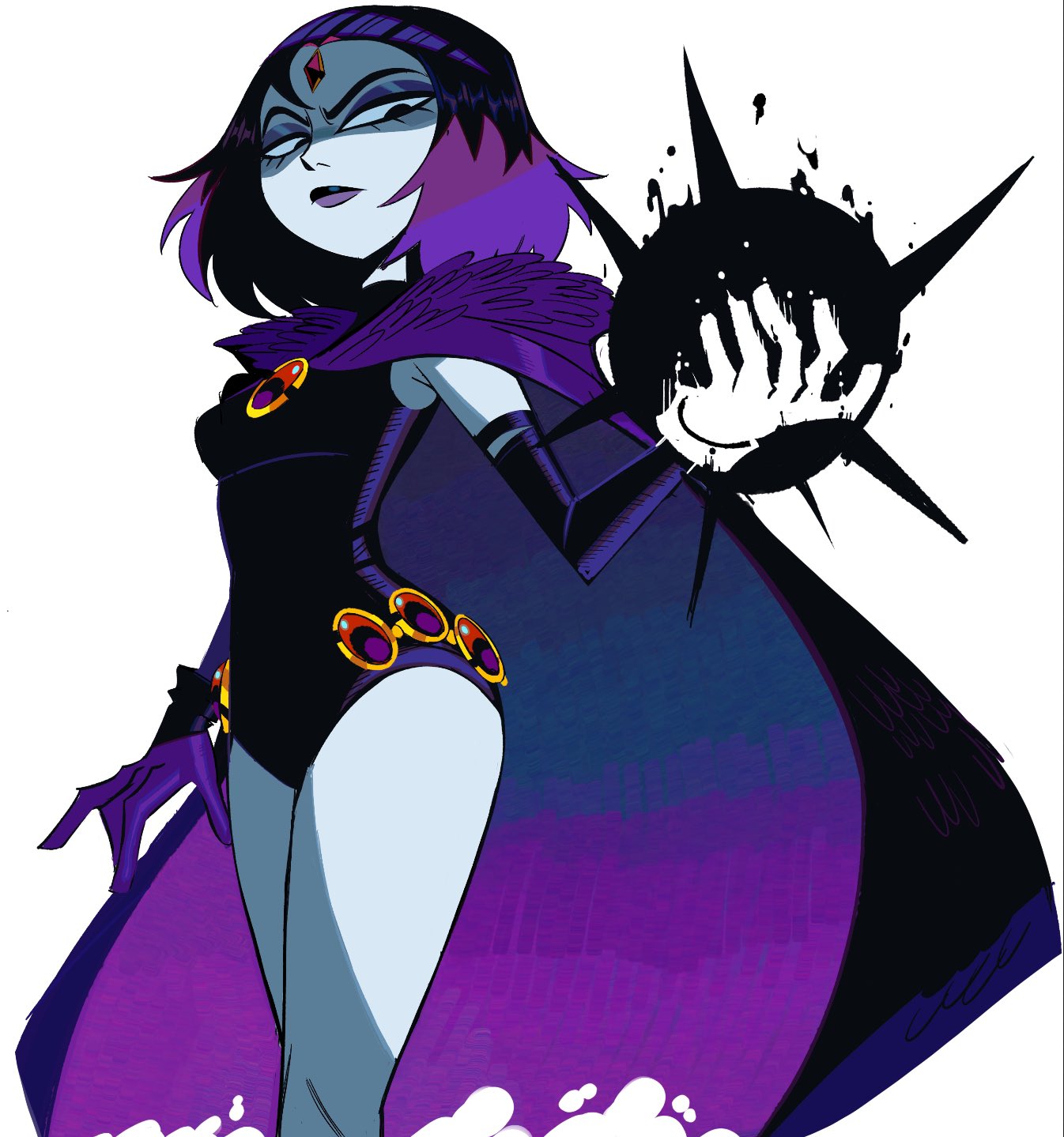 1girl, ass, black_leotard, breasts, cape, cloak, colored_skin, commentary, darkness, dc_comics, detached_sleeves, forehead_jewel, grey_skin, highres, jojomama38, leotard, looking_at_viewer, purple_cape, purple_cloak, purple_hair, purple_lips, raven_(dc), shaded_face, short_hair, solo, superhero_costume, teen_titans, thighs, umbrakinesis