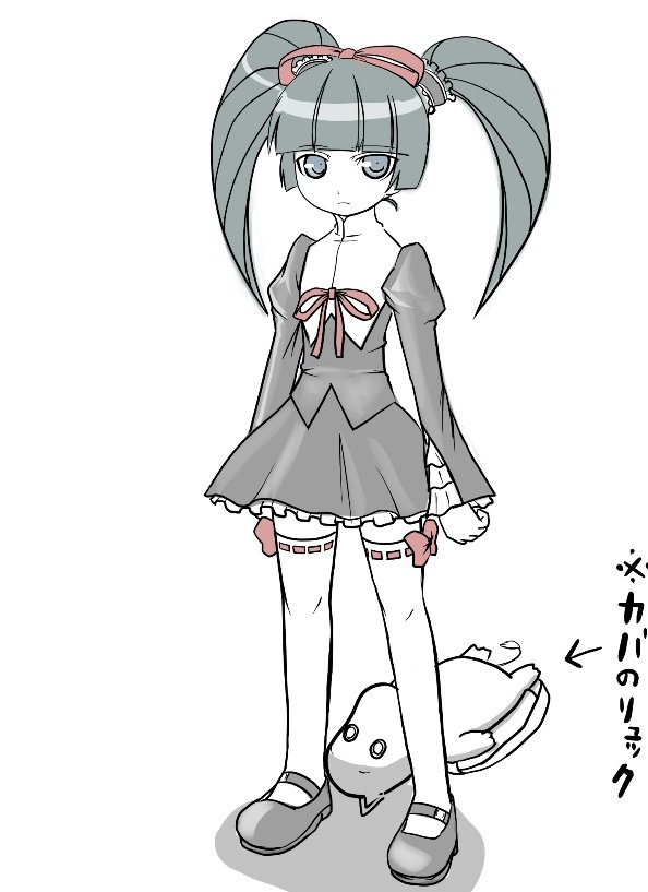 1girl, :|, black_dress, blue_eyes, character_request, closed_mouth, commentary_request, coyote_ragtime_show, dress, green_hair, march_(coyote_ragtime_show), mary_janes, red_ribbon, ribbon, shoes, translation_request, white_background, yaskunov