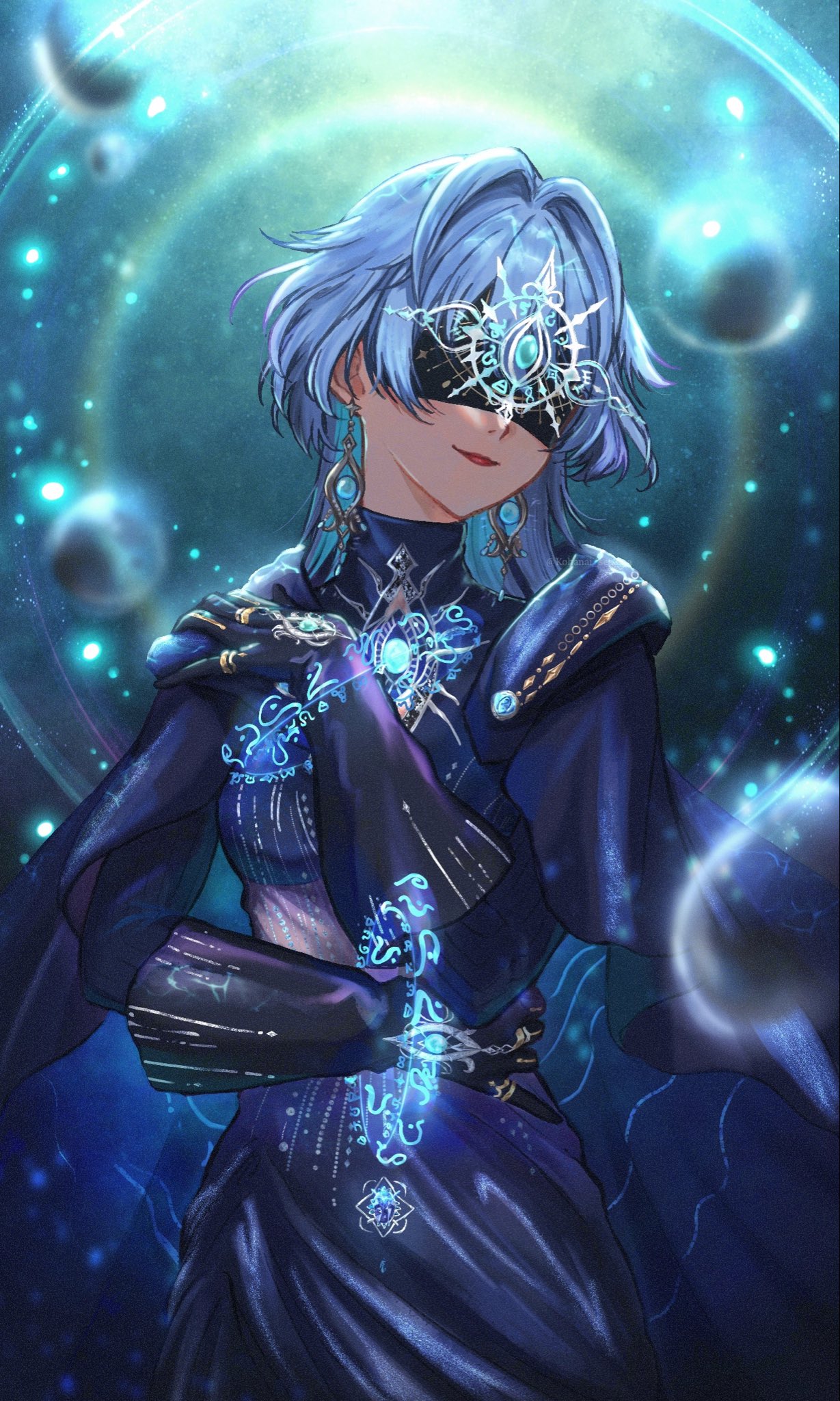 1girl, belt, black_belt, black_sash, blindfold, blue_cape, blue_dress, blue_hair, bubble, cape, closed_mouth, collared_dress, commentary, cowboy_shot, dress, earrings, english_commentary, fantasea_prophet_(shining_nikki), hair_intakes, happy, head_tilt, highres, jewelry, kohanai_setsuna, light_particles, lipstick, long_hair, long_sleeves, makeup, nikki_(series), puffy_long_sleeves, puffy_sleeves, red_lips, sash, shining_nikki, smile, solo, standing, very_long_hair