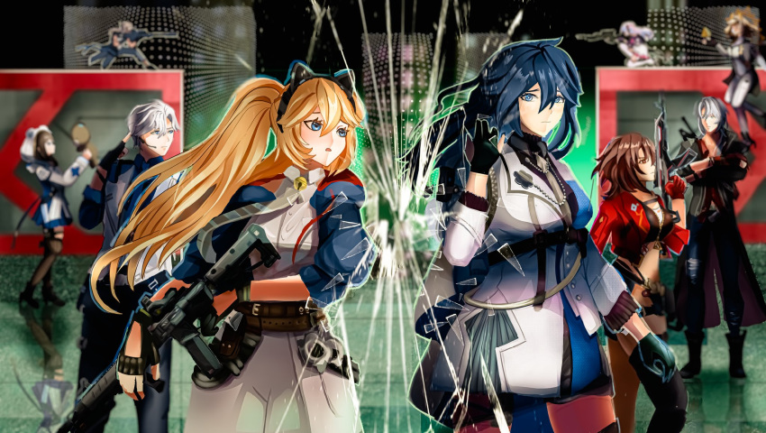 2boys, 6+girls, aiming, animal_ear_headphones, animal_ears, assault_rifle, blonde_hair, blue_hair