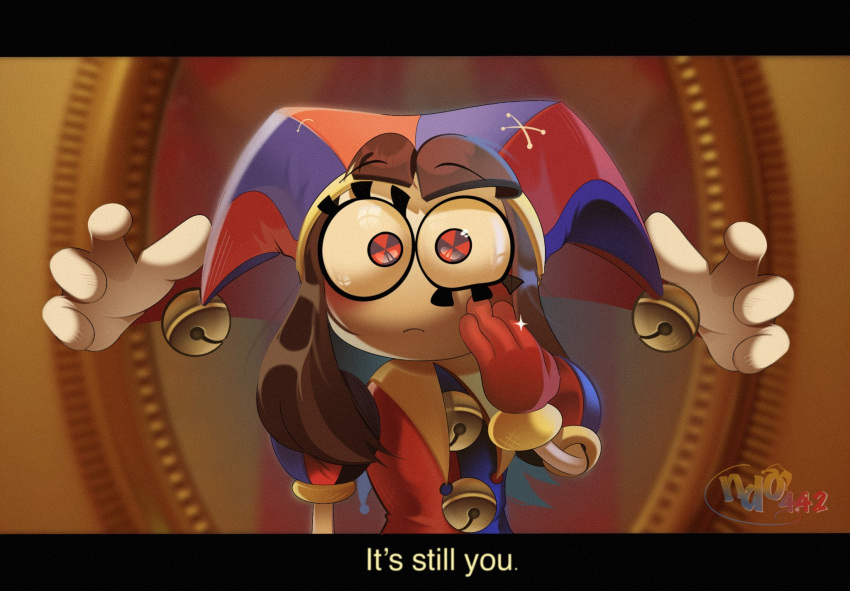 1boy, 1girl, alternate_hair_length_(longer), black_hair, caine_(the_amazing_digital_circus), despite_everything_it's_still_you_(meme), english_commentary, english_text