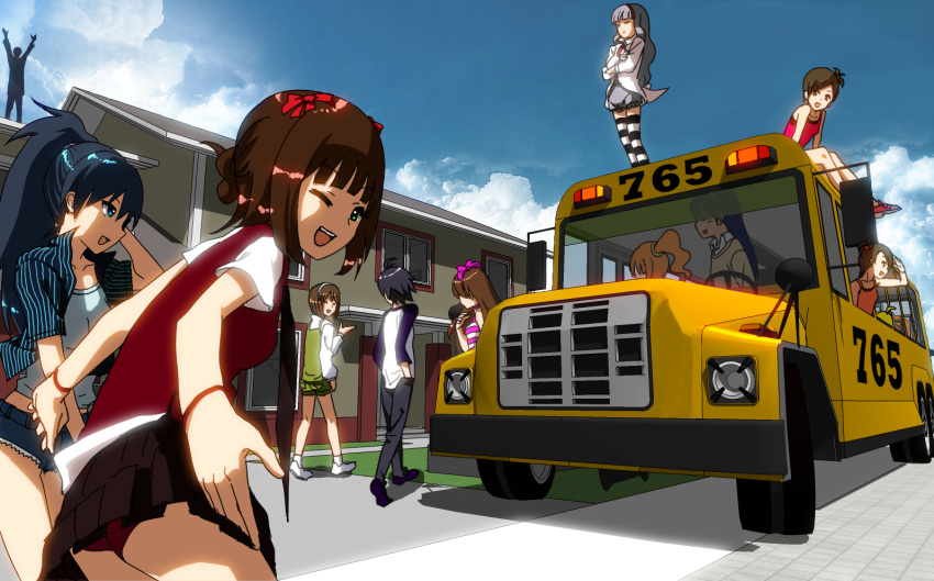 amami_haruka, arms_up, bus, crossed_arms, esuhara, futami_ami, futami_mami, ganaha_hibiki