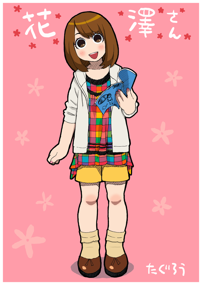1girl, brown_eyes, brown_hair, hanazawa_kana, hen_zemi, open_mouth, seiyuu, seiyuu_connection