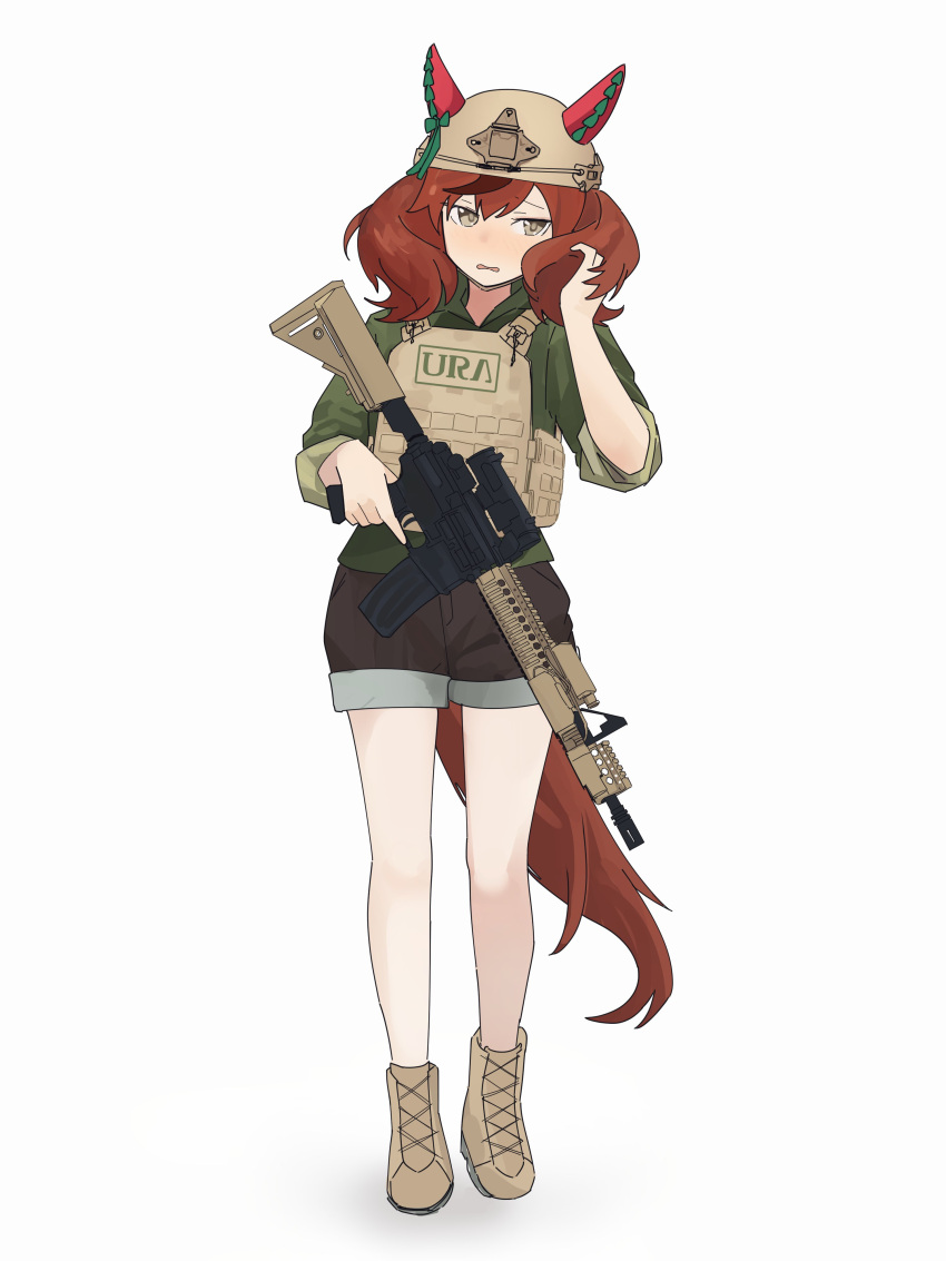 absurdres, adjusting_hair, alternate_costume, animal_ears, assault_rifle, averting_eyes, blush, boots