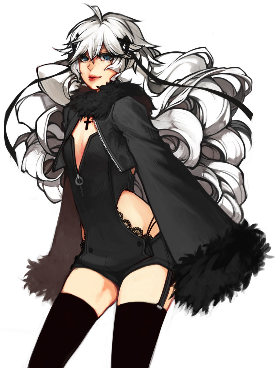 blue_eyes, camille_myriad_zentreza, cross, fur_trim, garter_straps, hair_ribbon, highres, lips, long_hair, na_young_lee, original, ribbon, sleeves_past_wrists, solo, thigh-highs, thighhighs, white_hair, zettai_ryouiki