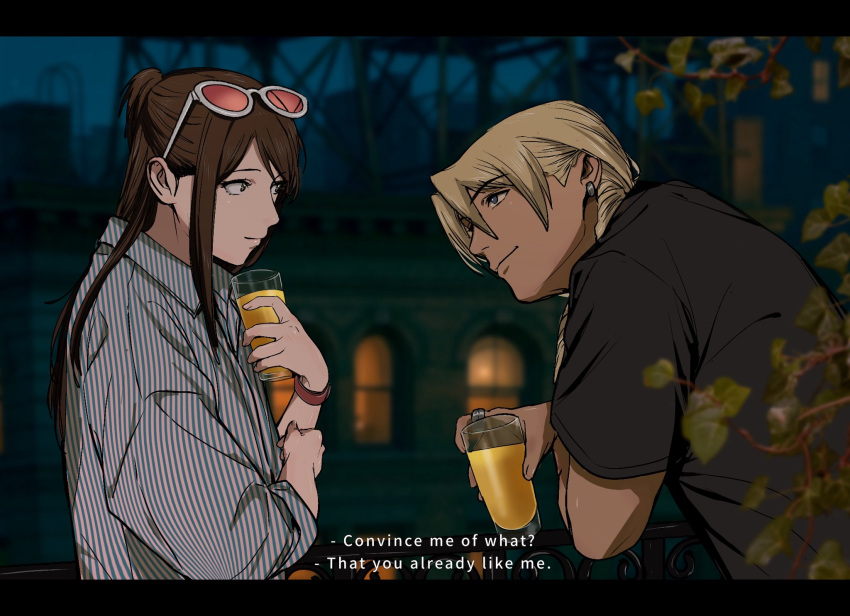 1boy, 1girl, ace_attorney, alternate_costume, amikoiiko, apollo_justice:_ace_attorney, black_shirt, blonde_hair