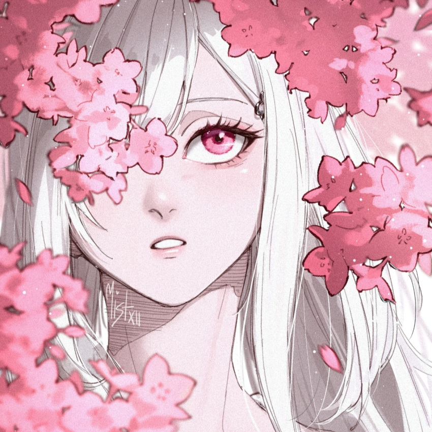 1girl, artist_name, drag-on_dragoon, drag-on_dragoon_3, eyelashes, falling_petals, flower, flower_over_eye