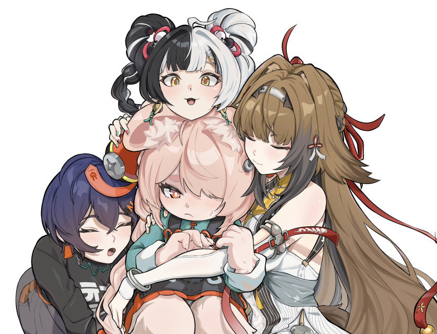 4girls, animal_ear_fluff, animal_ears, aqua_nails, armlet, bare_shoulders, belle_(zenless_zone_zero), black_dress