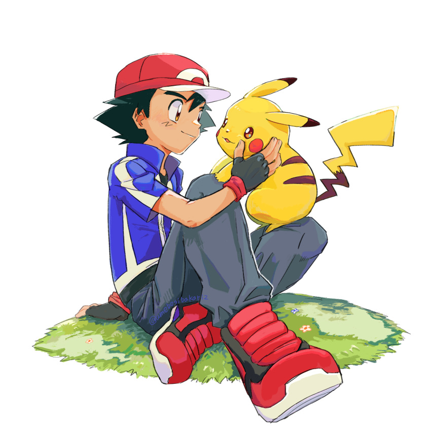 1boy, ash_ketchum, baseball_cap, black_gloves, black_hair, blue_jacket, brown_eyes, closed_mouth
