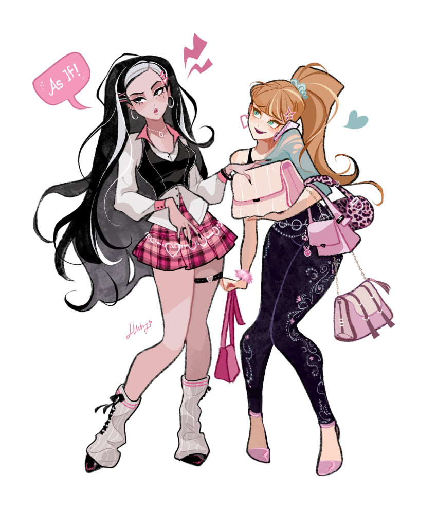 2girls, bag, belt, black_camisole, black_hair, black_pants, blonde_hair, blue_shirt
