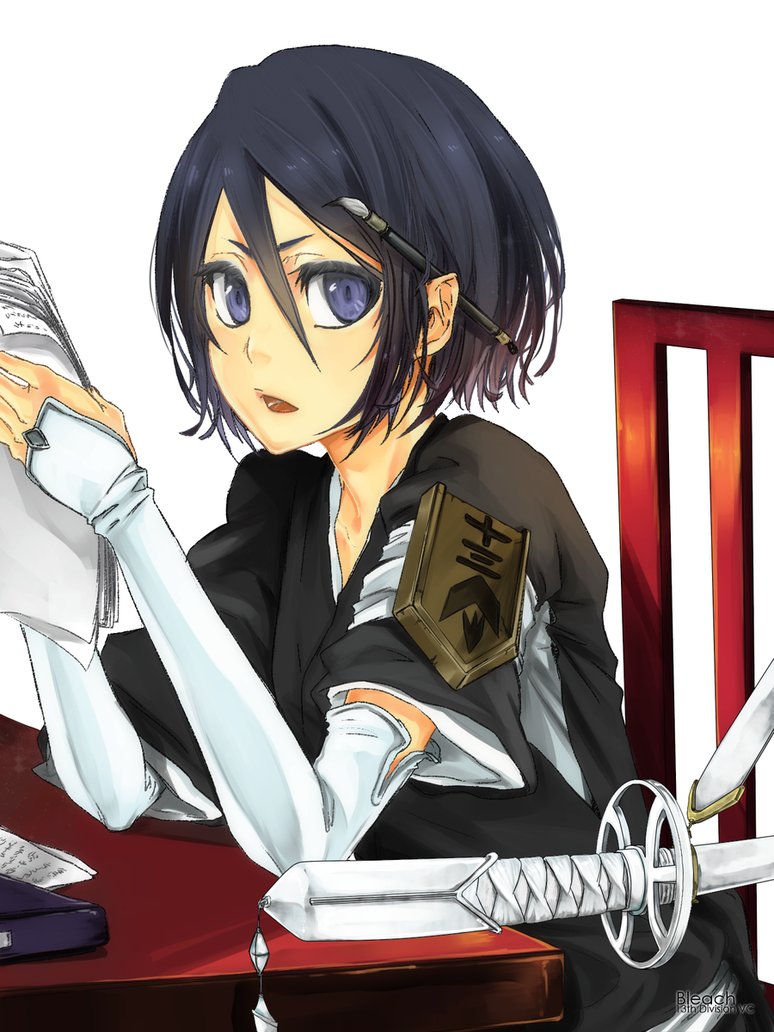 1girl, armband, badge, black_hair, bleach, calligraphy_brush, chair, elbow_gloves