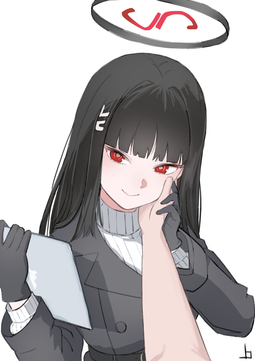 1girl, absurdres, black_coat, black_gloves, black_hair, black_halo, blue_archive, closed_mouth