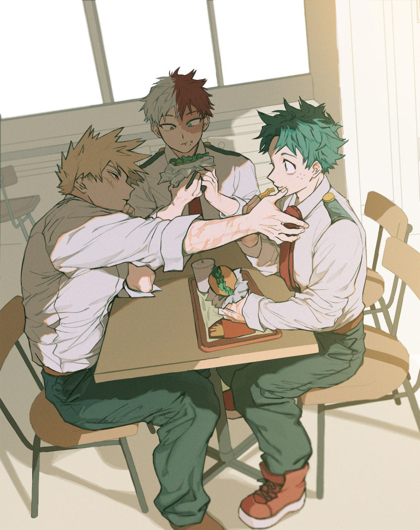 3boys, absurdres, bakugou_katsuki, black_pants, blonde_hair, blue_eyes, boku_no_hero_academia, brown_eyes