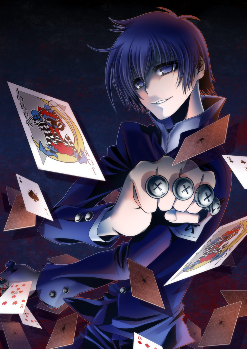 armband, card, cards, falling_card, foreshortening, gakuran, highres, kimu_(honki12040129)