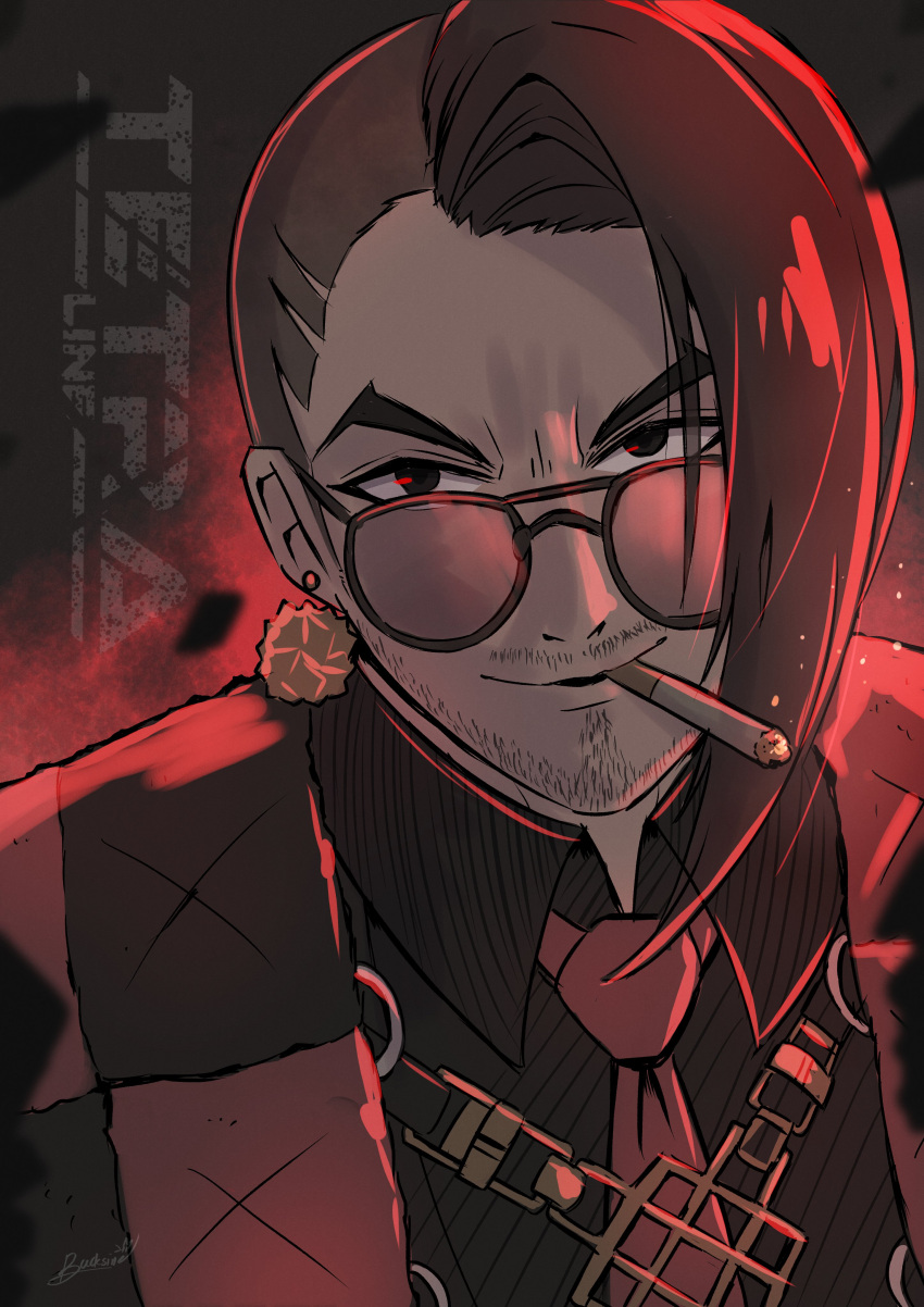 1boy, absurdres, backsine, beard_stubble, black_hair, black_shirt, chain, checkered_clothes