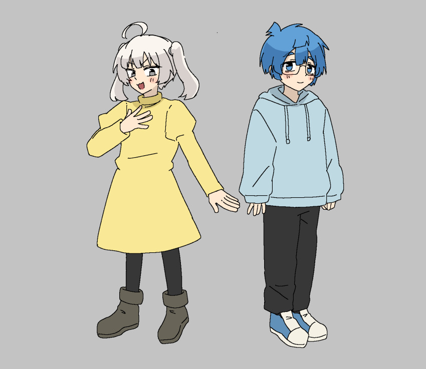 blue_eyes, blue_hair, brown_shoes, commentary_request, dress, etra-chan_wa_mita!, glasses, grey_eyes